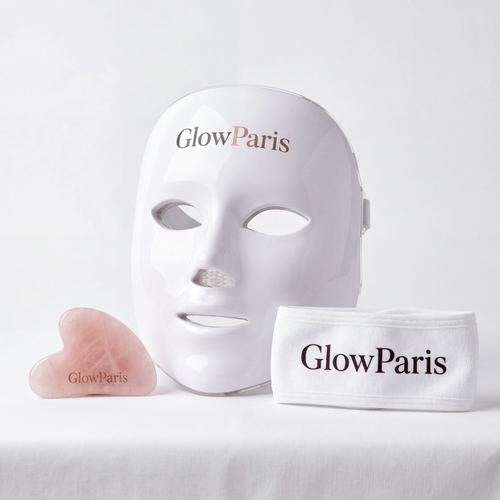 Kit Beauté GlowParis — Masque LED, Gua Sha Quartz Rose et Bandeau Spa