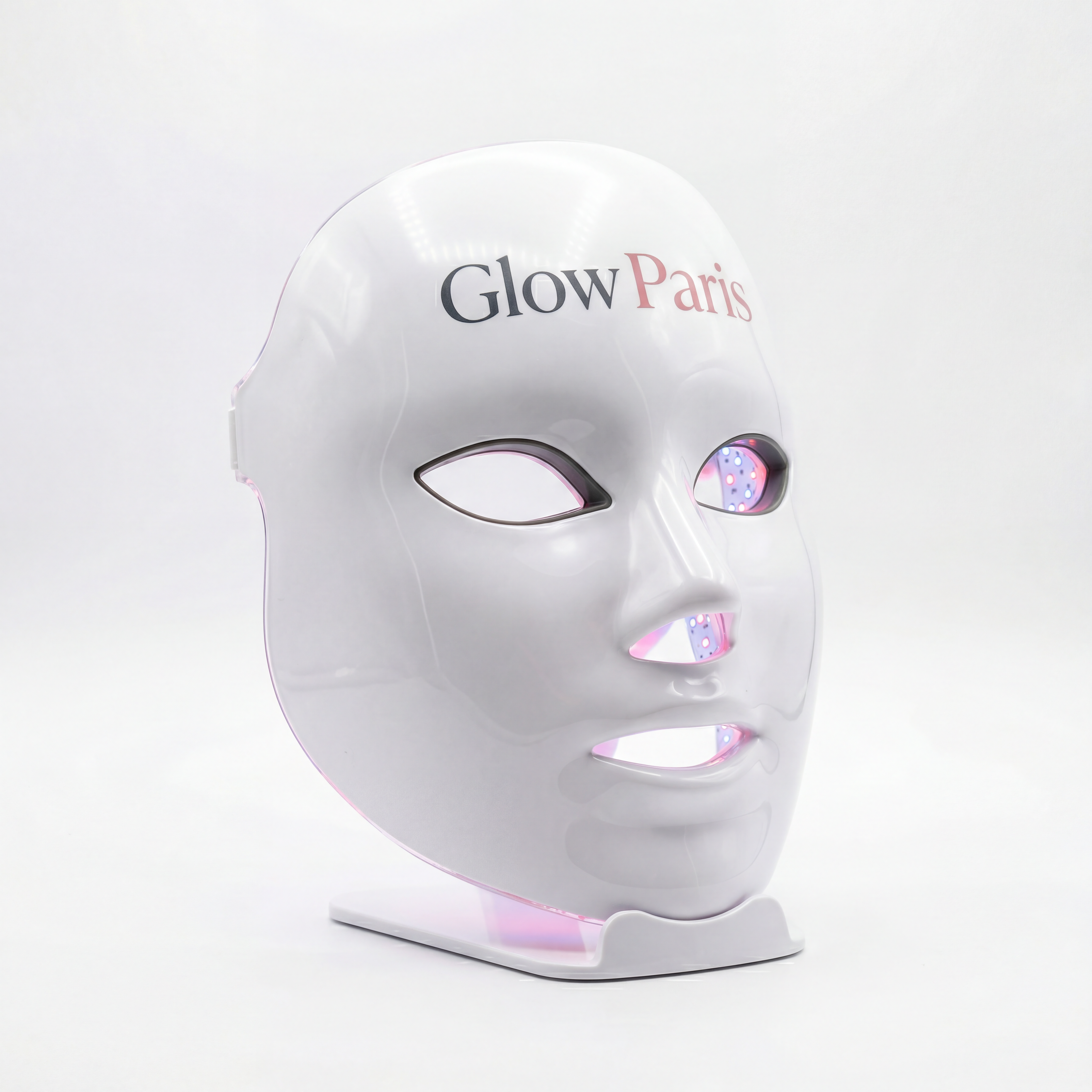 Masque LED GlowParis — Vue 3/4 LEDs actives
